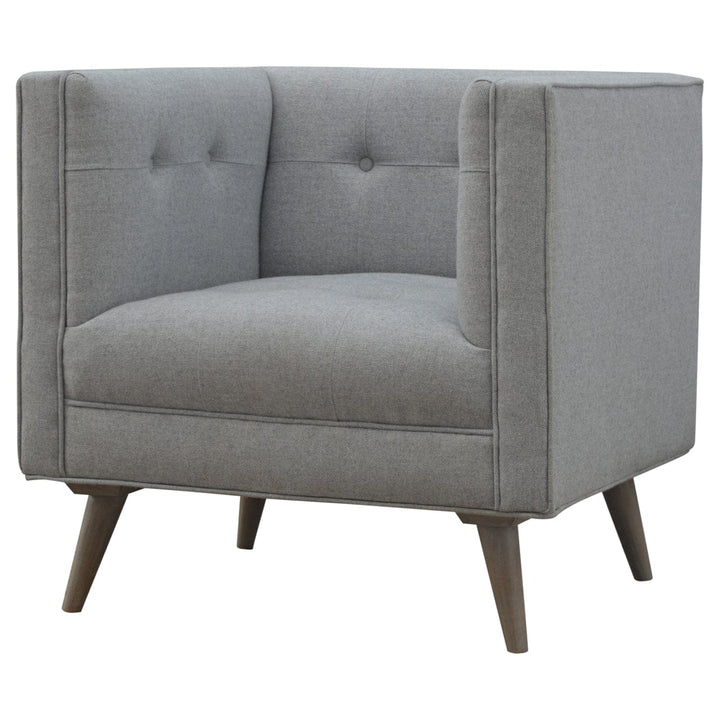 Mid-Century Modern Grey Tweed Armchair - Solid Mango Wood Accent Chair for Living Room - product view 3 showing...