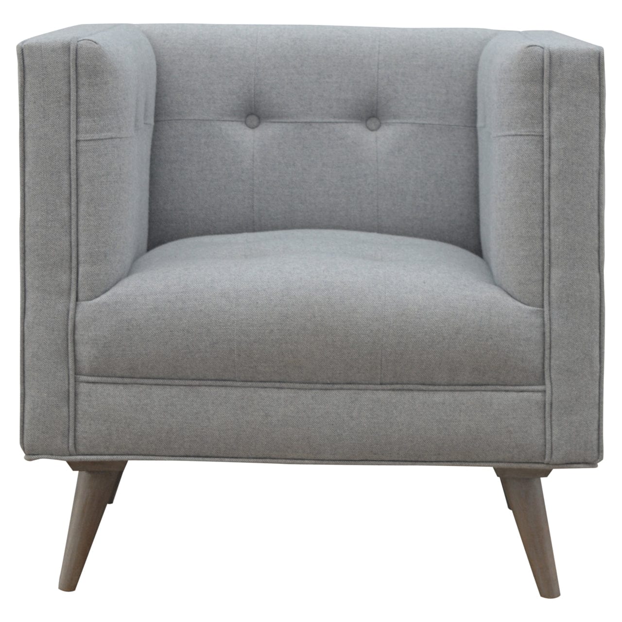 Mid-Century Modern Grey Tweed Armchair - Solid Mango Wood Accent Chair for Living Room - main view showing handcrafted...