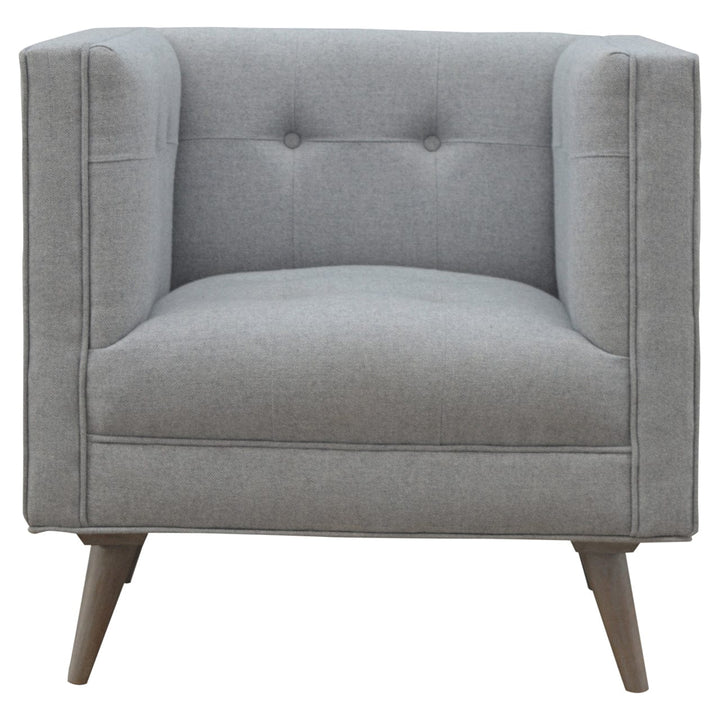 Mid-Century Modern Grey Tweed Armchair - Solid Mango Wood Accent Chair for Living Room - main view showing handcrafted...