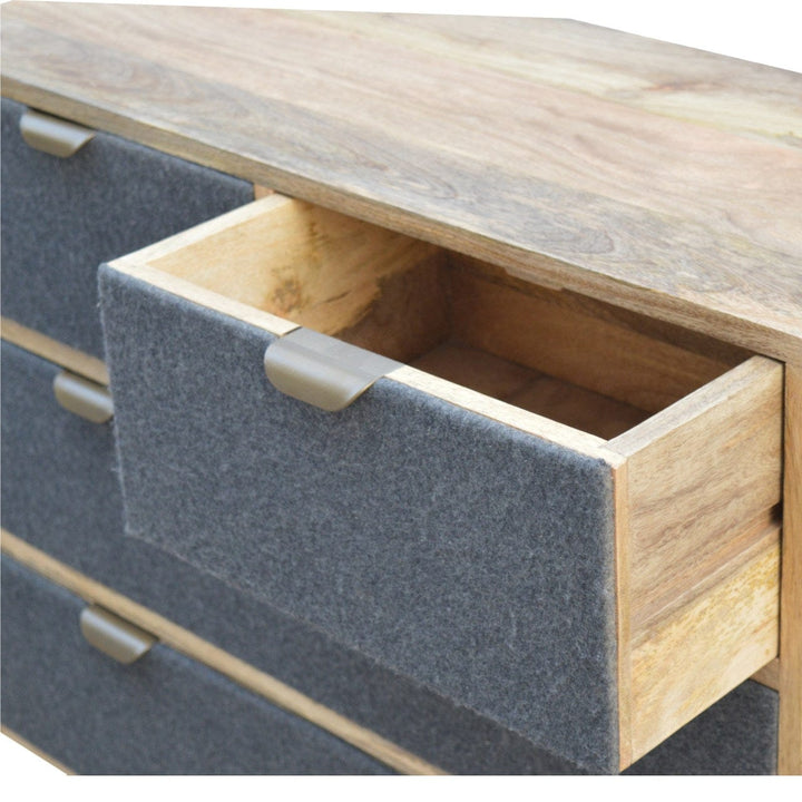 Mid-Century Modern Grey Tweed Dresser - Solid Mango Wood Storage Chest for Bedroom - product view 5 showing handcrafted...