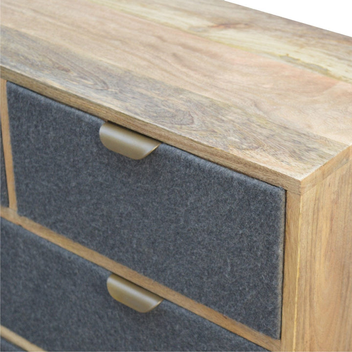 Mid-Century Modern Grey Tweed Dresser - Solid Mango Wood Storage Chest for Bedroom - product view 4 showing handcrafted...
