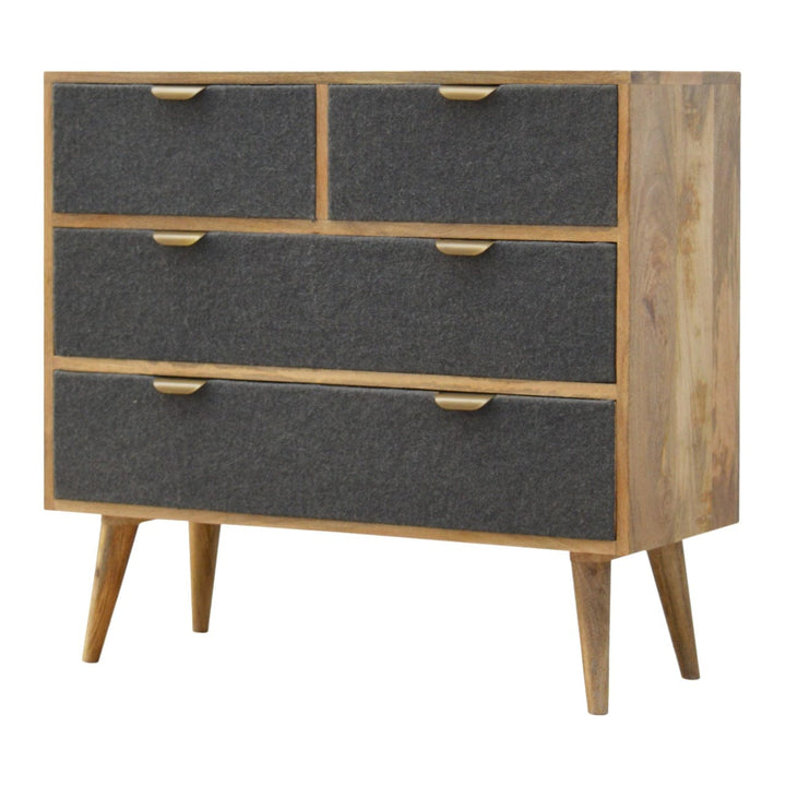 Mid-Century Modern Grey Tweed Dresser - Solid Mango Wood Storage Chest for Bedroom - product view 2 showing handcrafted...