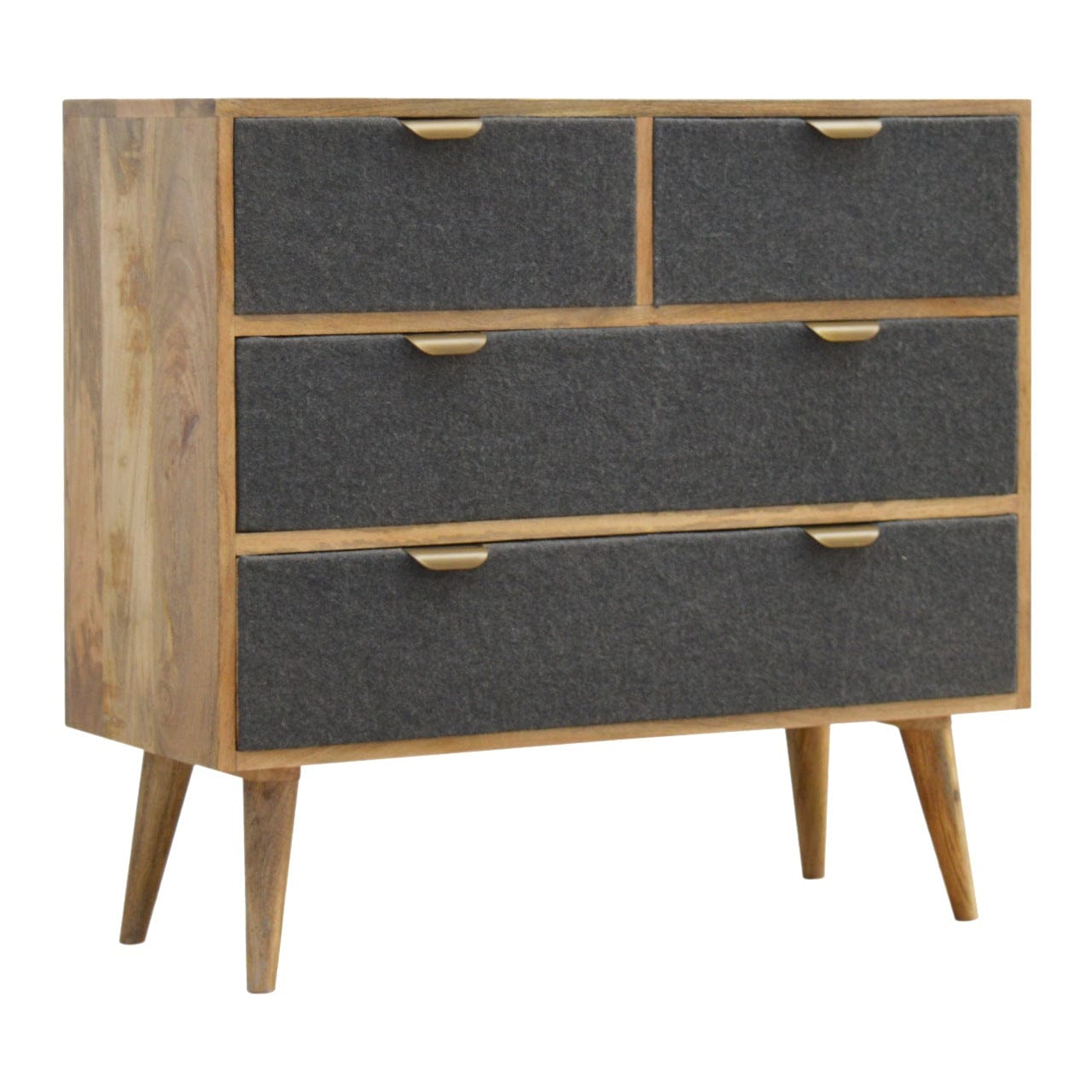 Mid-Century Modern Grey Tweed Dresser - Solid Mango Wood Storage Chest for Bedroom - main view showing handcrafted solid...