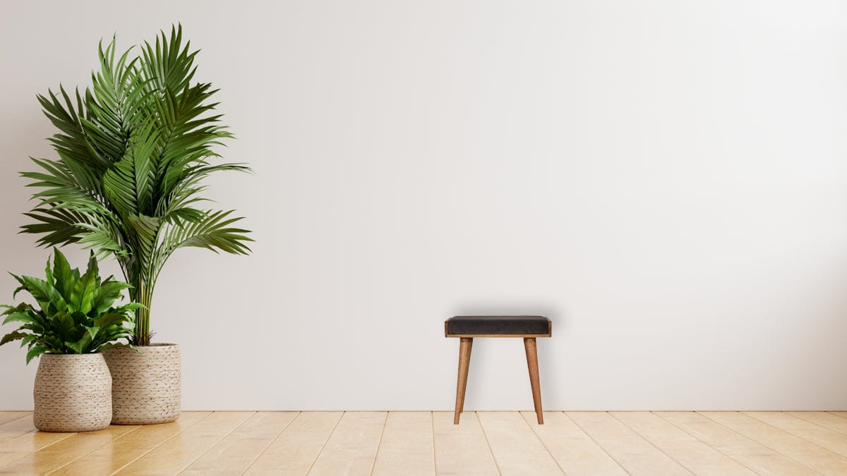 Mid-Century Modern Grey Velvet Tray Style Footstool - Solid Mango Wood Accent Stool for Living Room - product view 8...