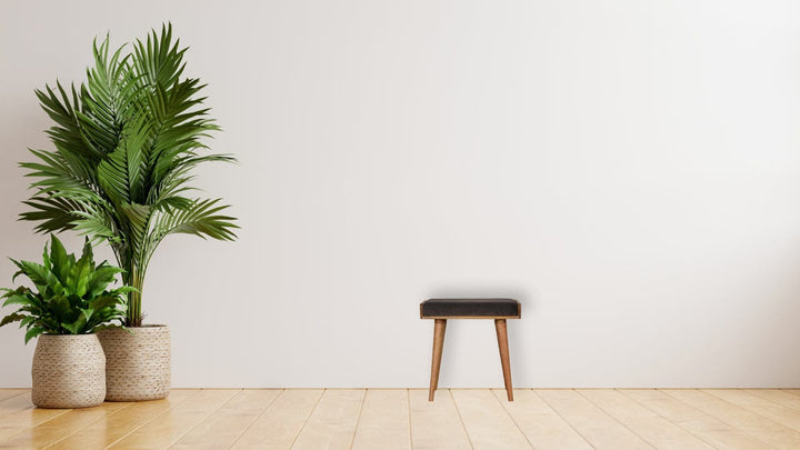 Mid-Century Modern Grey Velvet Tray Style Footstool - Solid Mango Wood Accent Stool for Living Room - product view 8...
