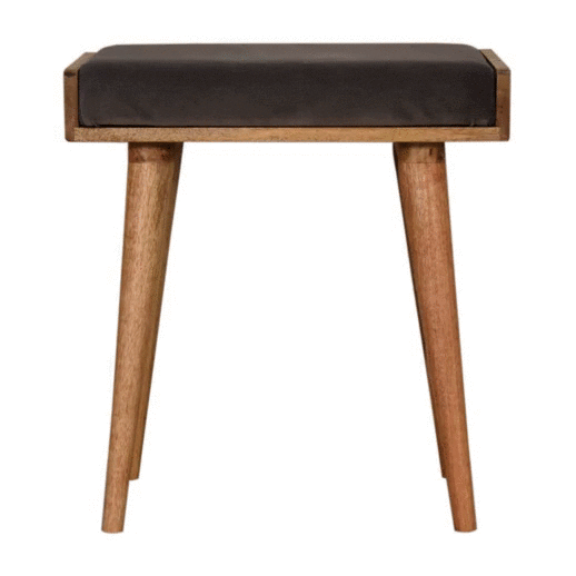 Mid-Century Modern Grey Velvet Tray Style Footstool - Solid Mango Wood Accent Stool for Living Room - product view 7...