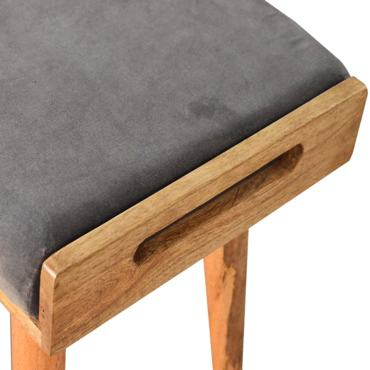 Mid-Century Modern Grey Velvet Tray Style Footstool - Solid Mango Wood Accent Stool for Living Room - product view 4...
