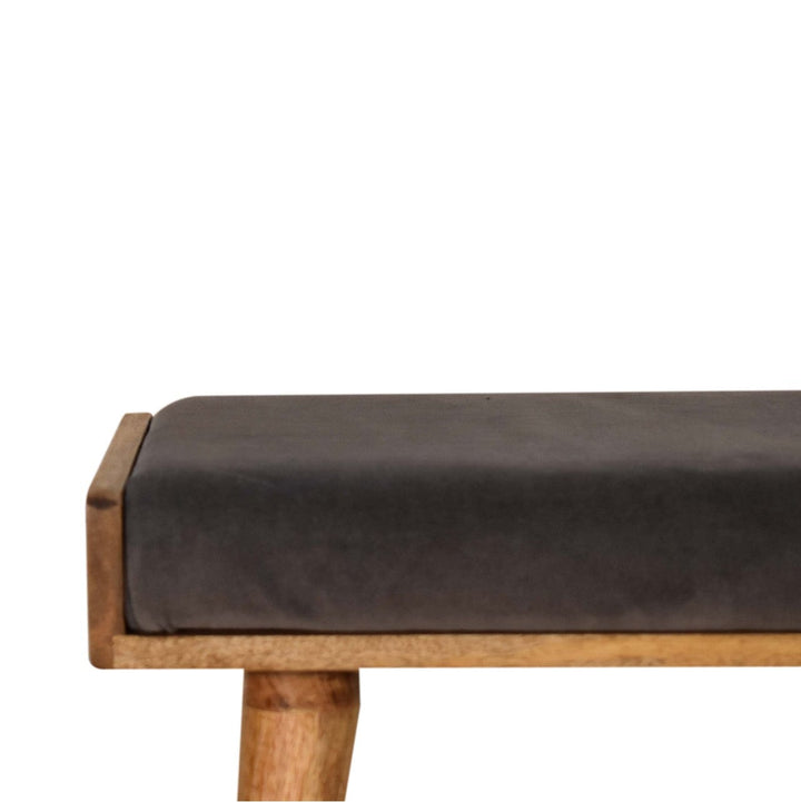 Mid-Century Modern Grey Velvet Tray Style Footstool - Solid Mango Wood Accent Stool for Living Room - product view 3...
