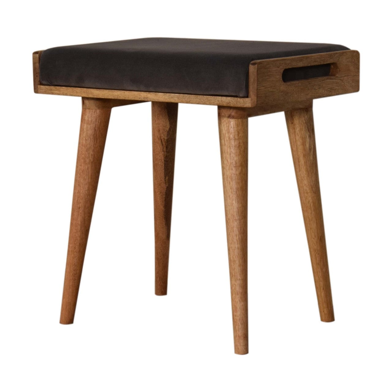 Mid-Century Modern Grey Velvet Tray Style Footstool - Solid Mango Wood Accent Stool for Living Room - product view 2...