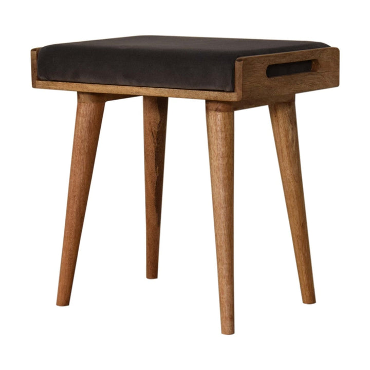 Mid-Century Modern Grey Velvet Tray Style Footstool - Solid Mango Wood Accent Stool for Living Room - product view 2...