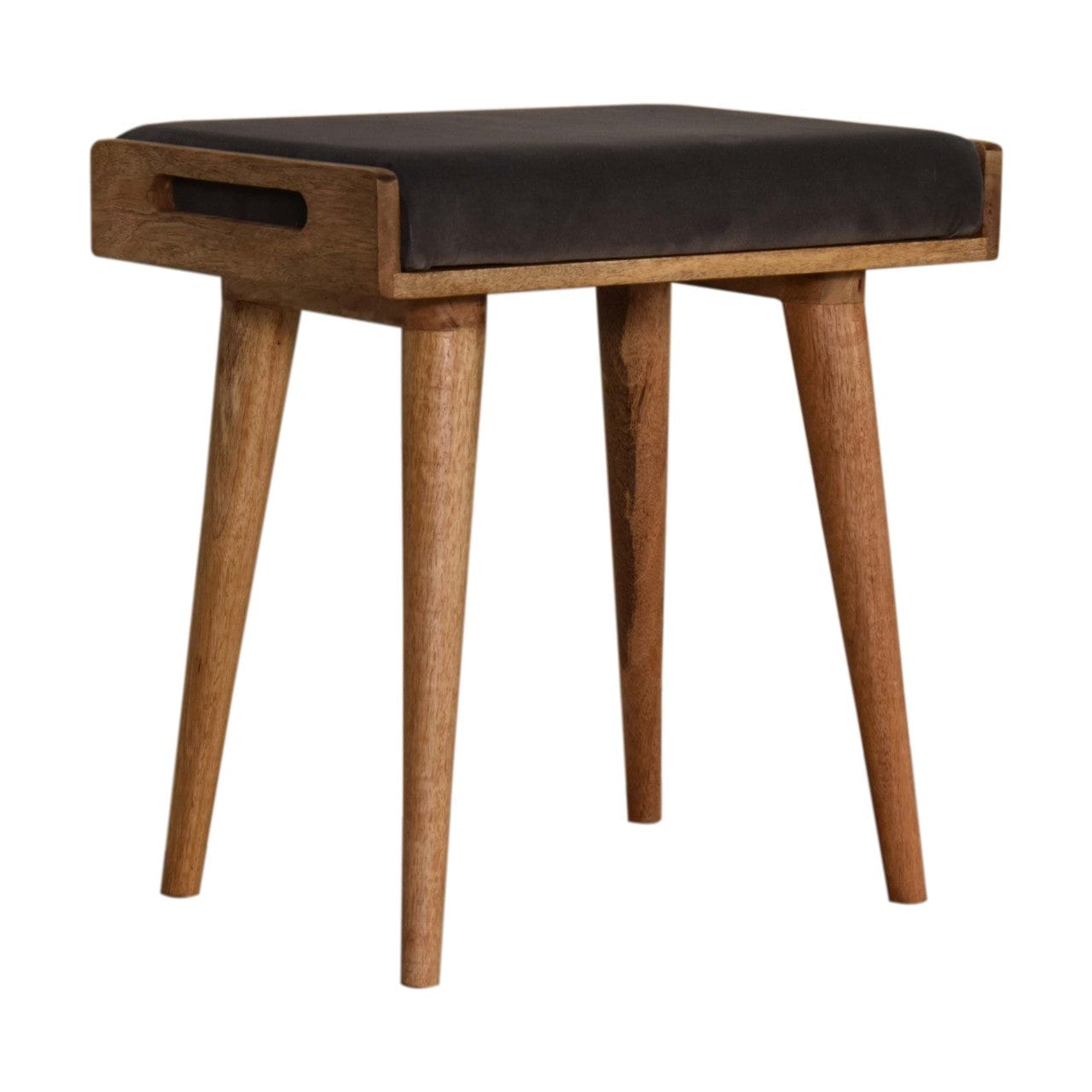 Mid-Century Modern Grey Velvet Tray Style Footstool - Solid Mango Wood Accent Stool for Living Room - main view showing...