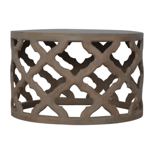 Mid-Century Modern Grey Wash Cut-out Stool - Solid Mango Wood Accent Seating - product view 6 showing handcrafted solid...