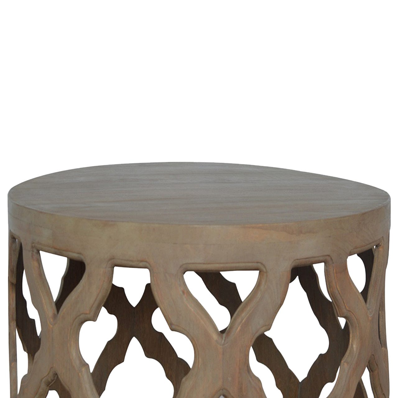 Mid-Century Modern Grey Wash Cut-out Stool - Solid Mango Wood Accent Seating - product view 4 showing handcrafted solid...