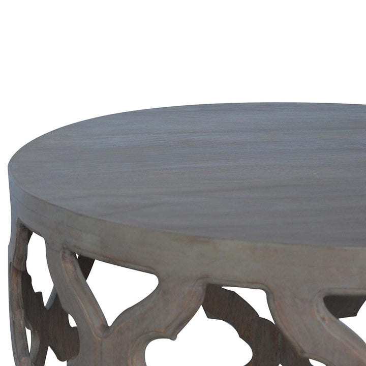 Mid-Century Modern Grey Wash Cut-out Stool - Solid Mango Wood Accent Seating - product view 3 showing handcrafted solid...