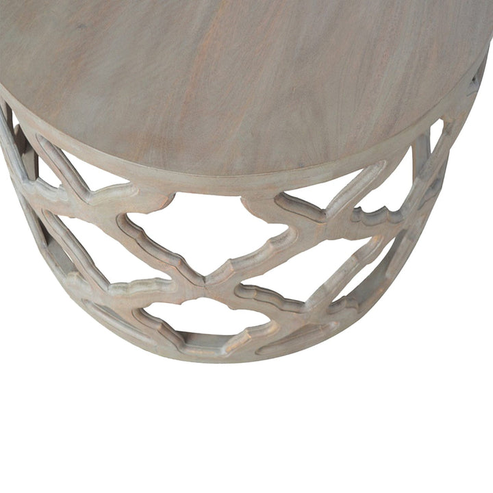 Mid-Century Modern Grey Wash Cut-out Stool - Solid Mango Wood Accent Seating - main view showing handcrafted solid mango...