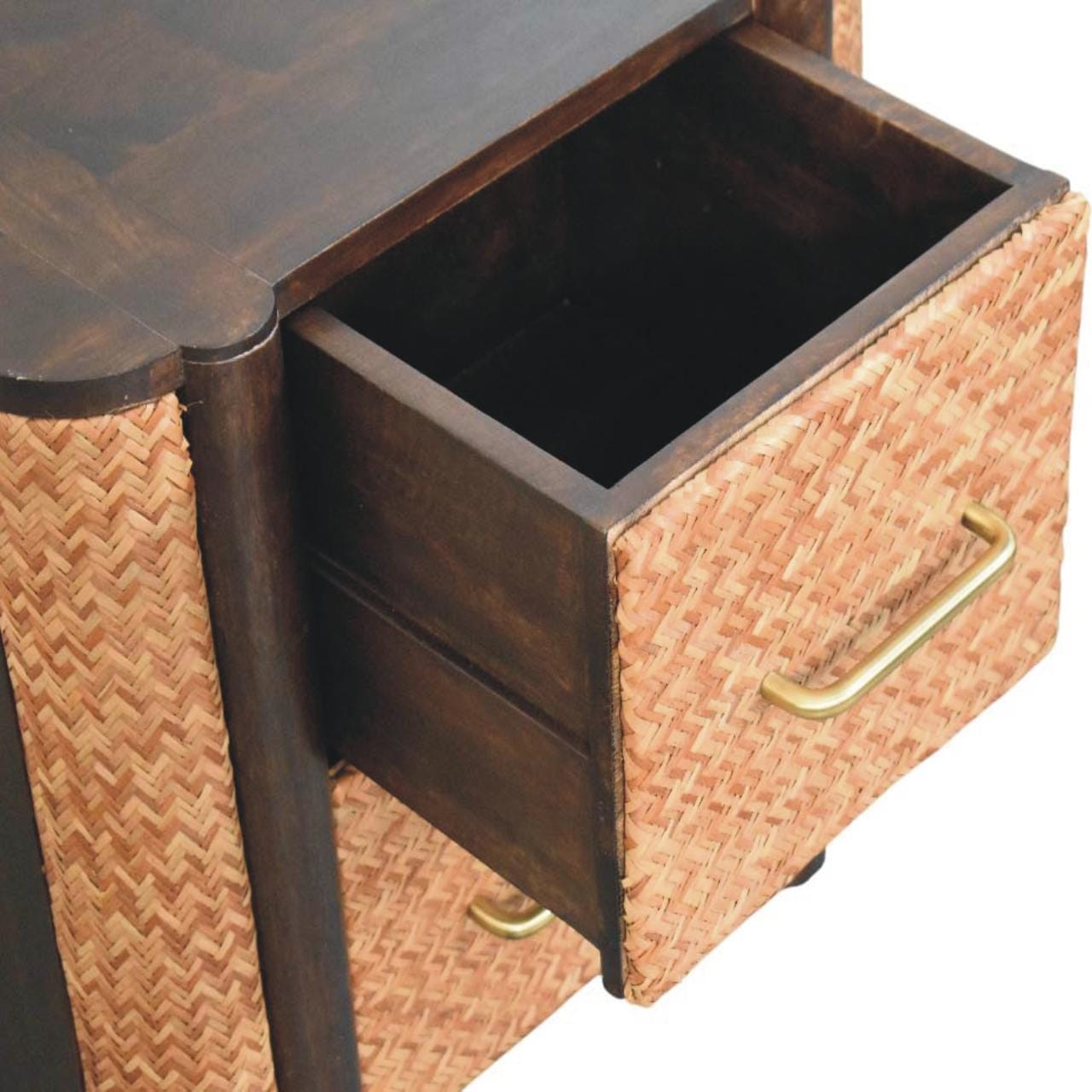 Rustic Solid Mango Wood Havana Canefront Nightstand - California Walnut Bedside Table - product view 6 showing...