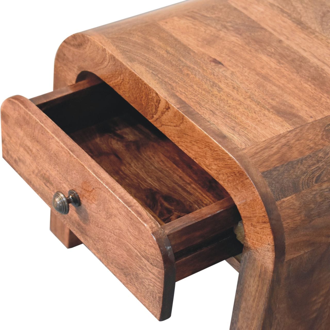 Mid-Century Modern Honey Caramel Darcy Nightstand - Solid Mango Wood Bedside Table for Bedroom - product view 7 showing...