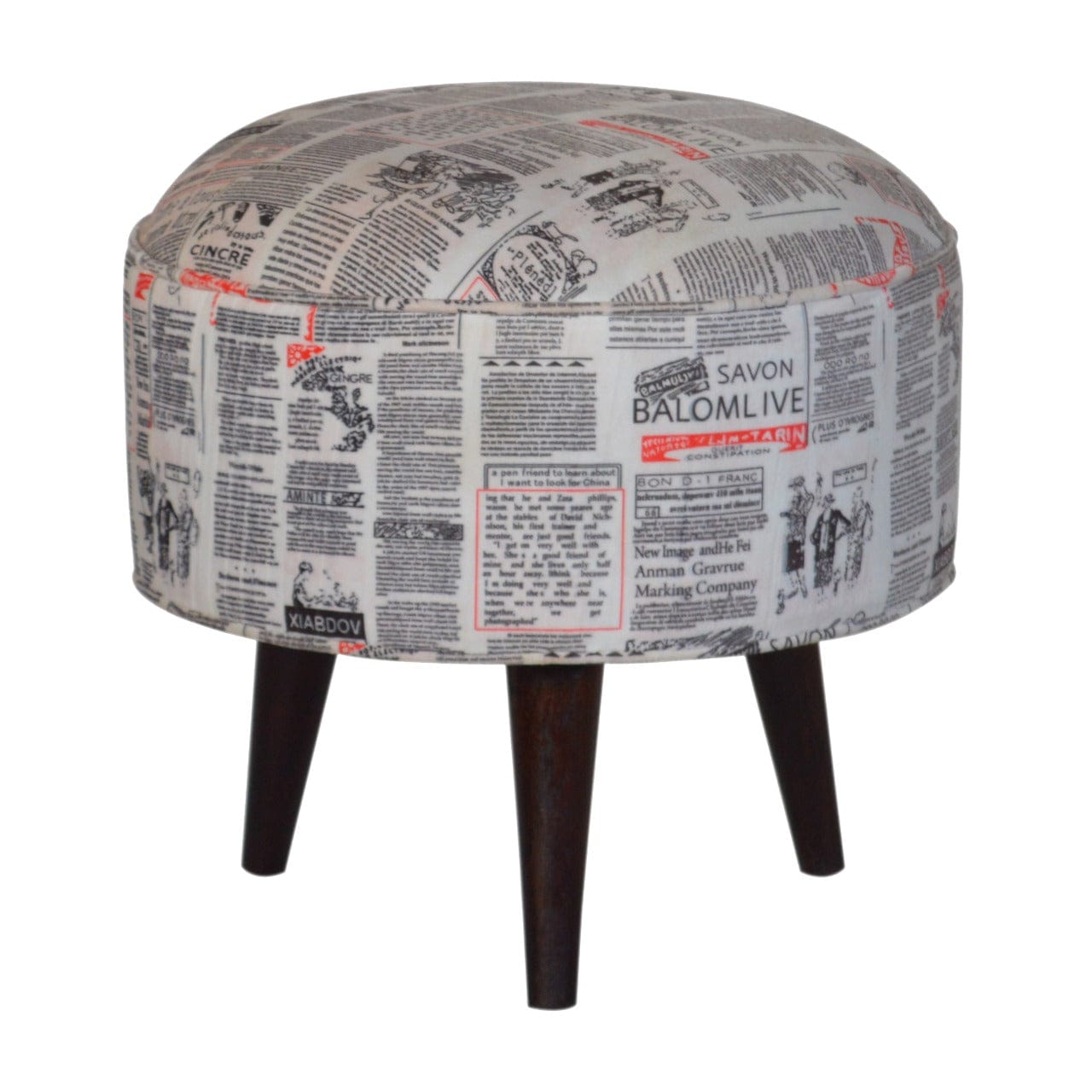 Mid-Century Modern - Round Footstool - Solid Mango Wood Accent Stool for Living Room - main view showing handcrafted...