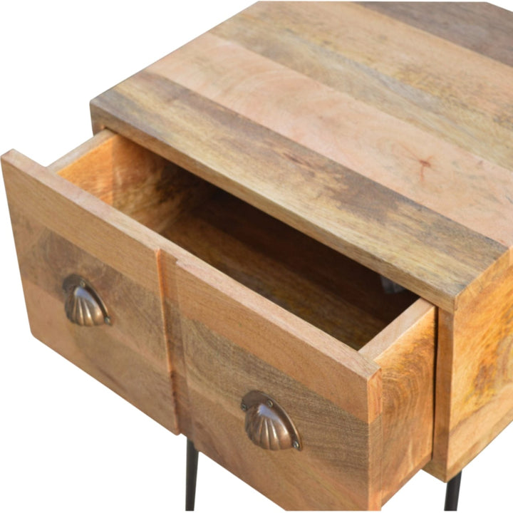 Mid-Century Modern Iron Base Nightstand - Solid Mango Wood Bedside Table for Bedroom - product view 4 showing handcrafted...