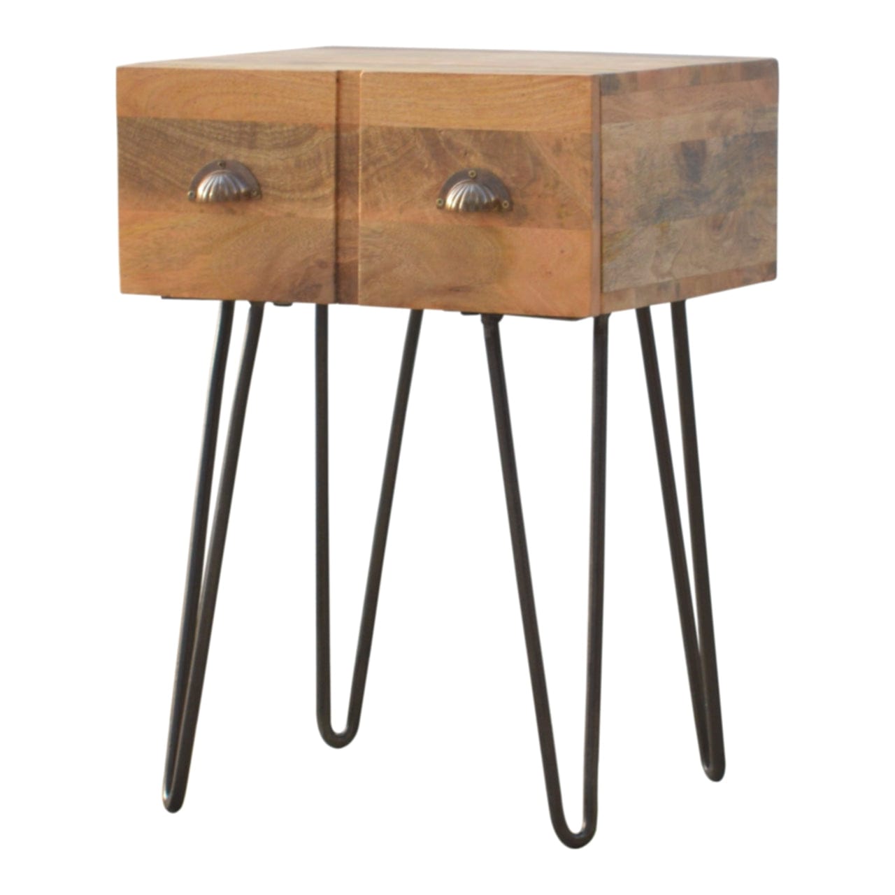 Mid-Century Modern Iron Base Nightstand - Solid Mango Wood Bedside Table for Bedroom - product view 2 showing handcrafted...