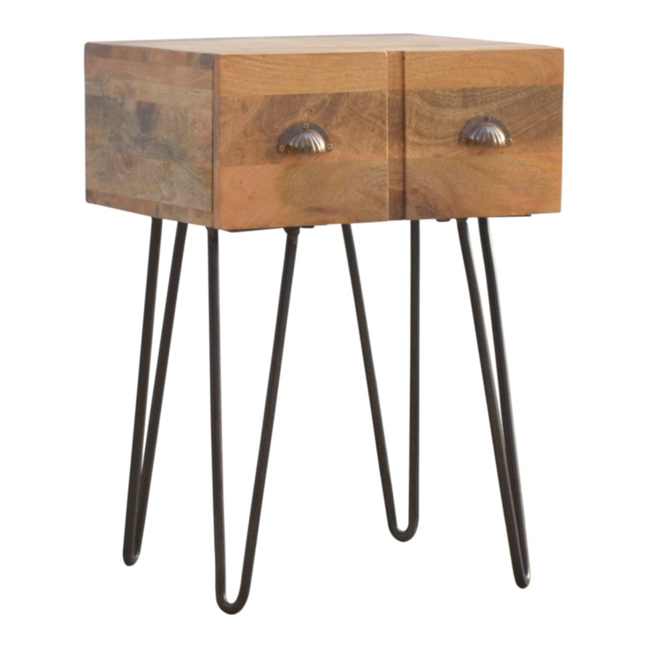 Mid-Century Modern Iron Base Nightstand - Solid Mango Wood Bedside Table for Bedroom - main view showing handcrafted...