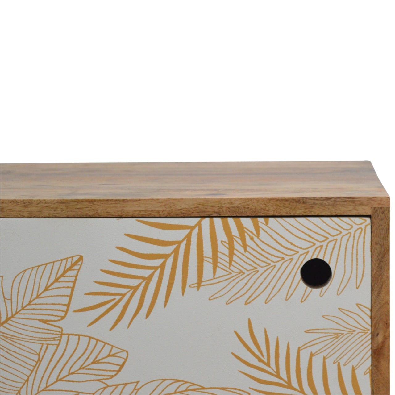 Mid-Century Modern Leaf Screen-printed Nightstand - Solid Mango Wood Bedside Table for Bedroom - product view 6 showing...