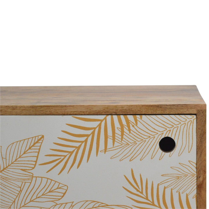 Mid-Century Modern Leaf Screen-printed Nightstand - Solid Mango Wood Bedside Table for Bedroom - product view 6 showing...