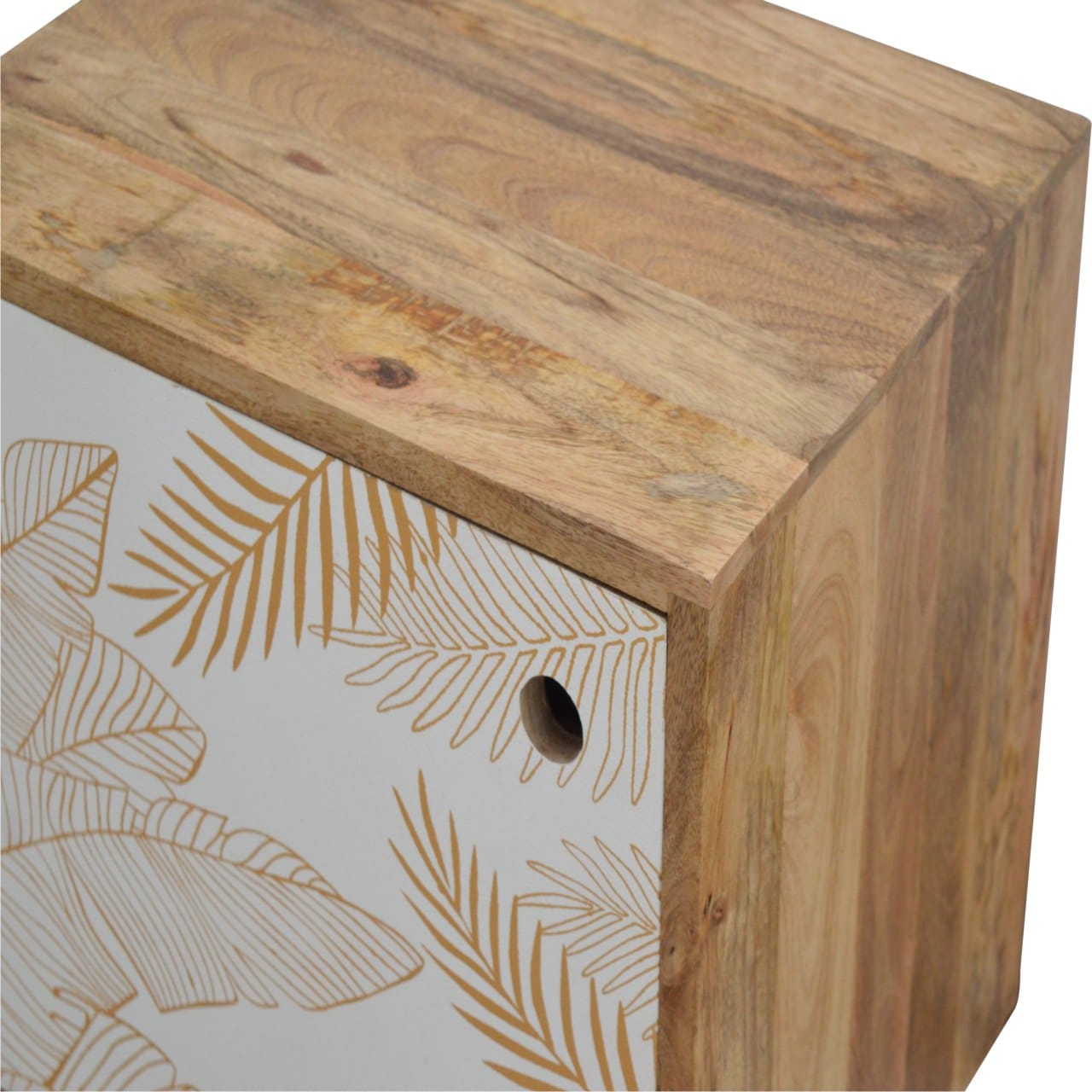 Mid-Century Modern Leaf Screen-printed Nightstand - Solid Mango Wood Bedside Table for Bedroom - product view 5 showing...