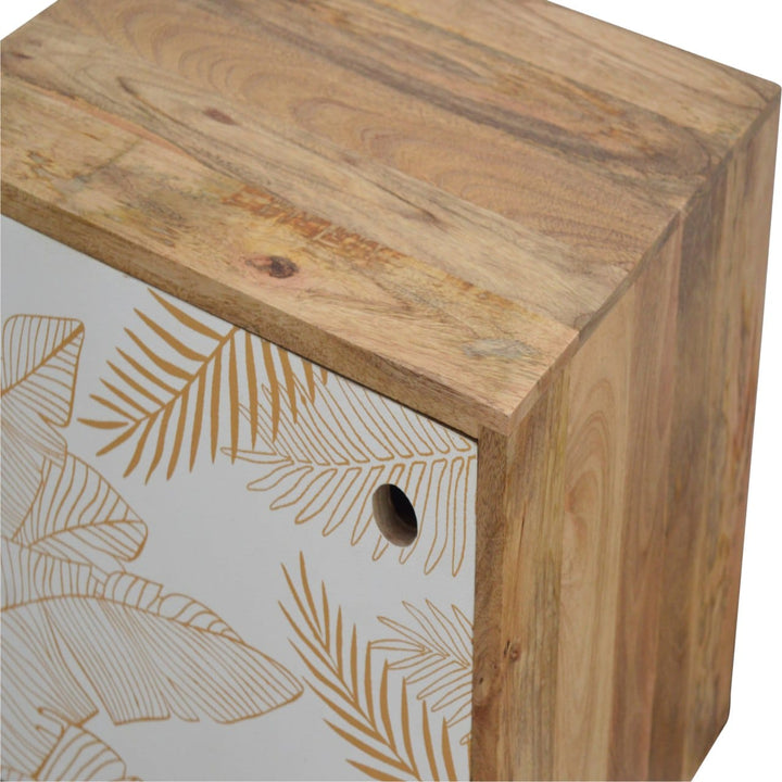 Mid-Century Modern Leaf Screen-printed Nightstand - Solid Mango Wood Bedside Table for Bedroom - product view 5 showing...