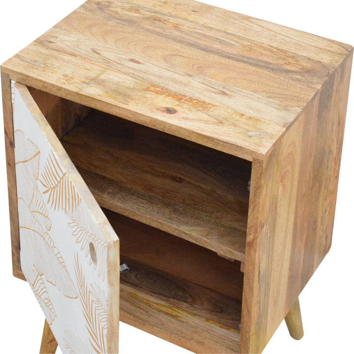 Mid-Century Modern Leaf Screen-printed Nightstand - Solid Mango Wood Bedside Table for Bedroom - product view 4 showing...