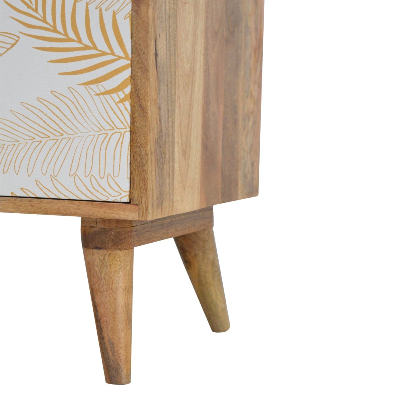 Mid-Century Modern Leaf Screen-printed Nightstand - Solid Mango Wood Bedside Table for Bedroom - product view 3 showing...