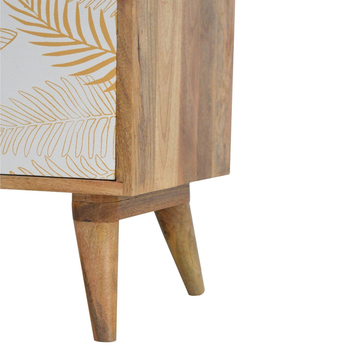 Mid-Century Modern Leaf Screen-printed Nightstand - Solid Mango Wood Bedside Table for Bedroom - product view 3 showing...