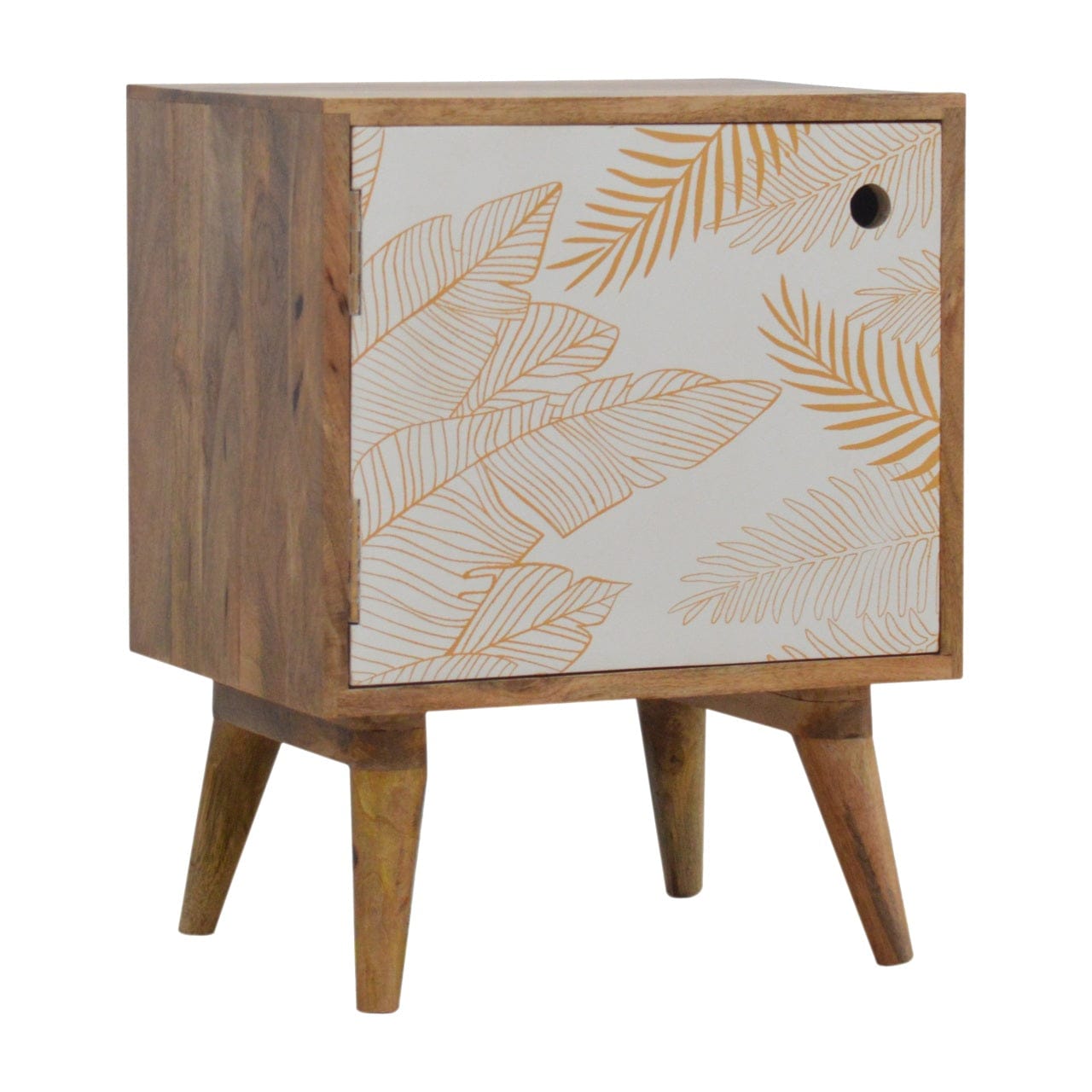Mid-Century Modern Leaf Screen-printed Nightstand - Solid Mango Wood Bedside Table for Bedroom - product view 2 showing...