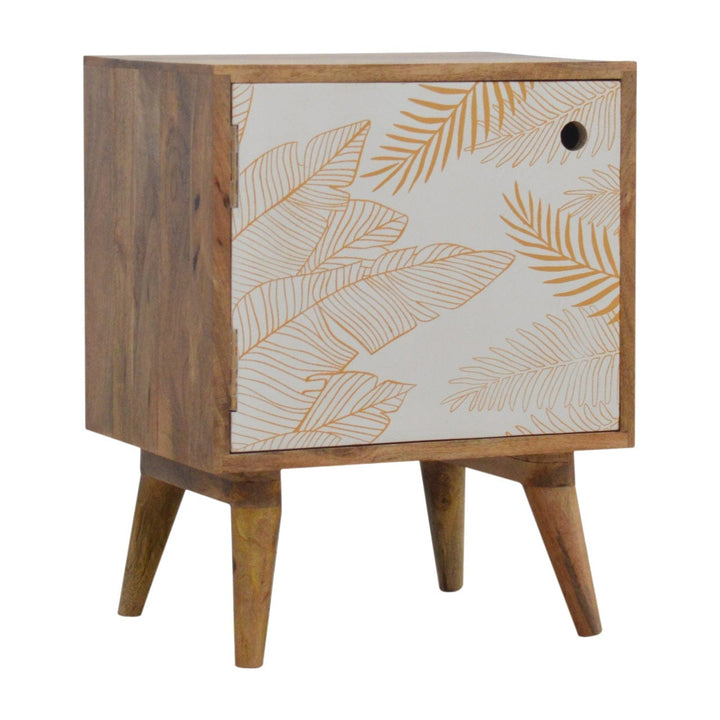 Mid-Century Modern Leaf Screen-printed Nightstand - Solid Mango Wood Bedside Table for Bedroom - product view 2 showing...