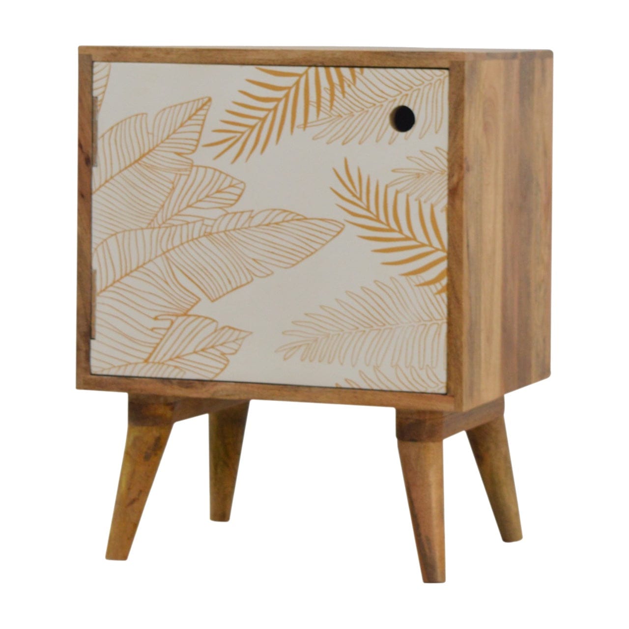Mid-Century Modern Leaf Screen-printed Nightstand - Solid Mango Wood Bedside Table for Bedroom - main view showing...