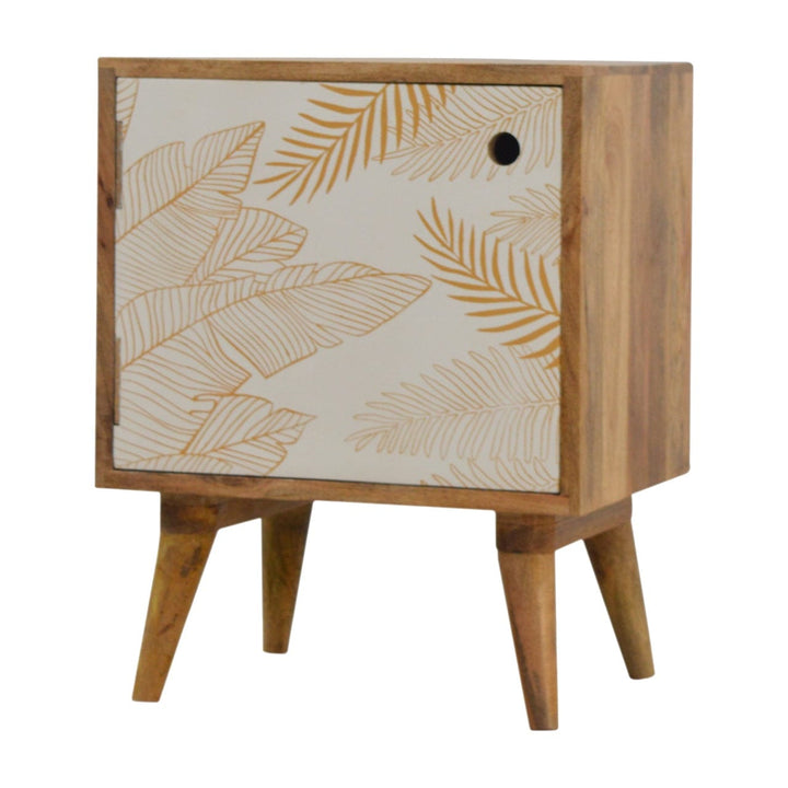 Mid-Century Modern Leaf Screen-printed Nightstand - Solid Mango Wood Bedside Table for Bedroom - main view showing...