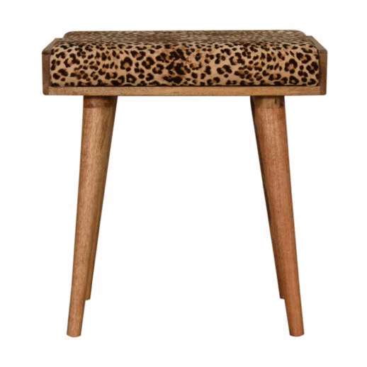 Mid-Century Modern Leopard Velvet Tray Style Footstool - Solid Mango Wood Accent Stool for Living Room - product view 8...