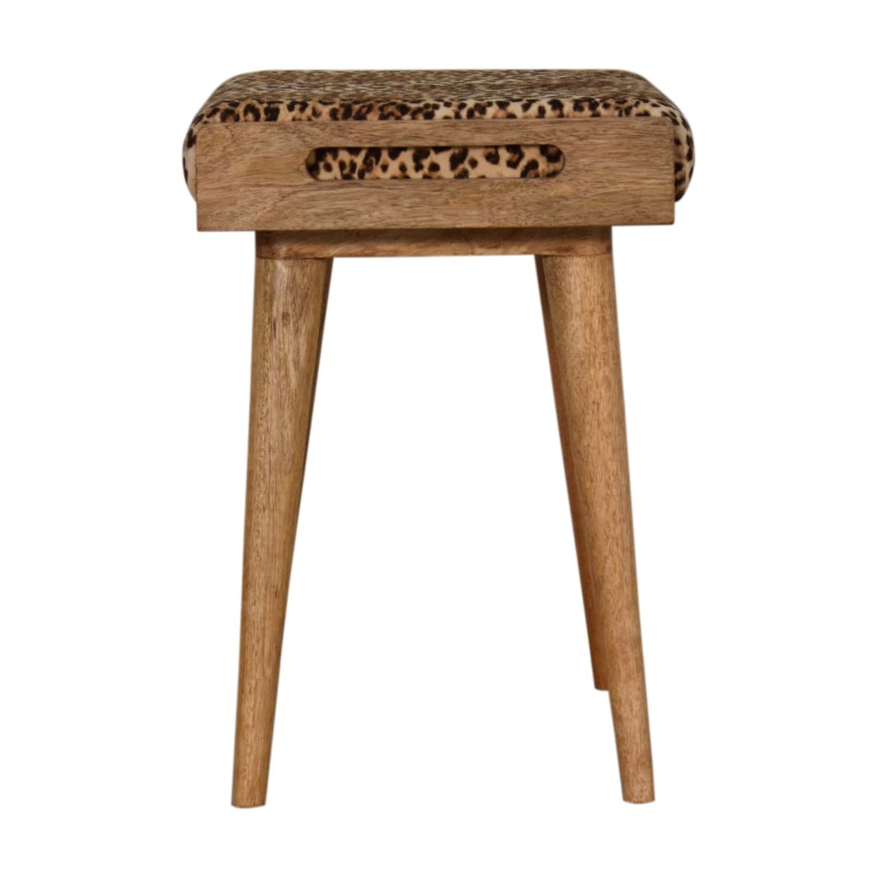 Mid-Century Modern Leopard Velvet Tray Style Footstool - Solid Mango Wood Accent Stool for Living Room - product view 7...