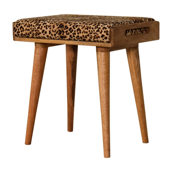 Mid-Century Modern Leopard Velvet Tray Style Footstool - Solid Mango Wood Accent Stool for Living Room - product view 3...