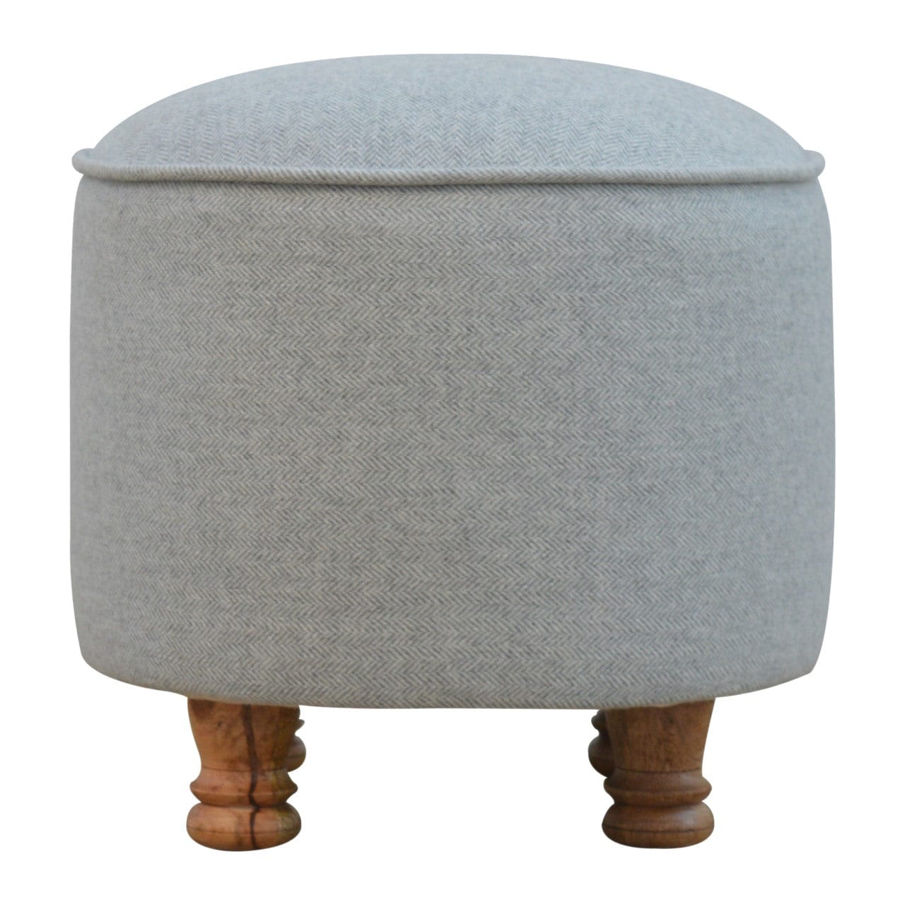 Mid-Century Modern Light Grey Tweed Oval Footstool - Solid Mango Wood Accent Stool for Living Room - product view 6...