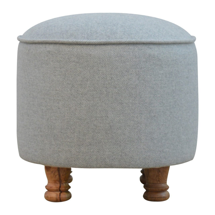 Mid-Century Modern Light Grey Tweed Oval Footstool - Solid Mango Wood Accent Stool for Living Room - product view 6...