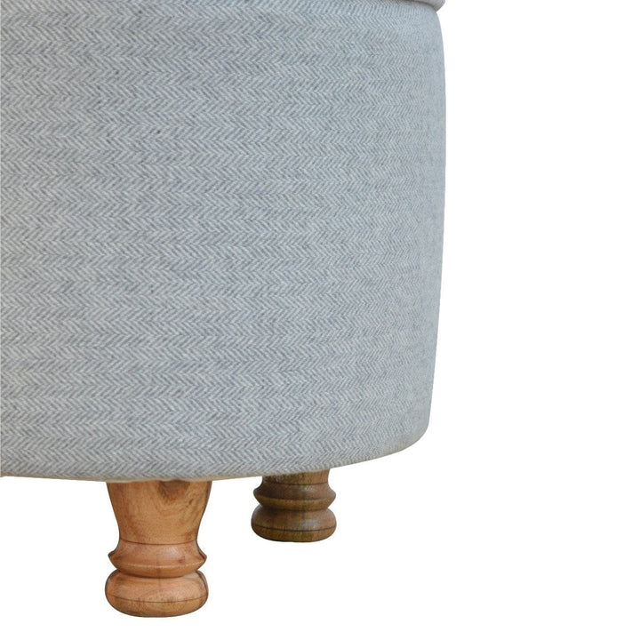 Mid-Century Modern Light Grey Tweed Oval Footstool - Solid Mango Wood Accent Stool for Living Room - product view 5...