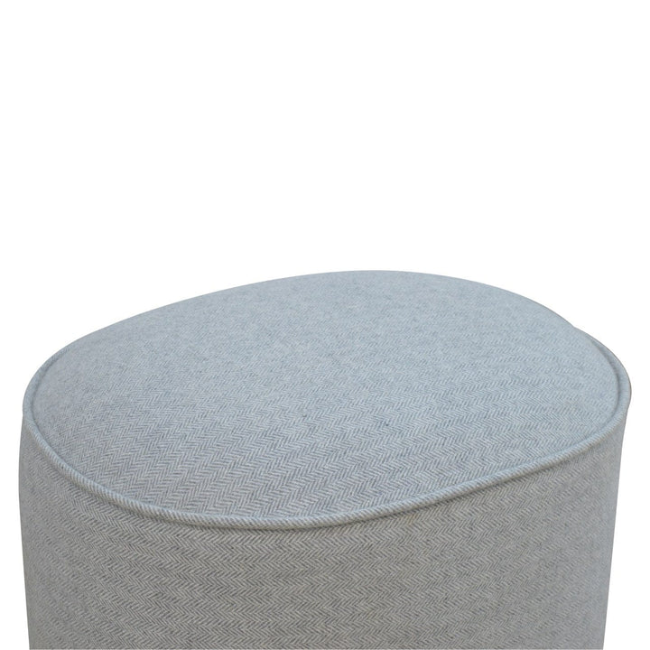 Mid-Century Modern Light Grey Tweed Oval Footstool - Solid Mango Wood Accent Stool for Living Room - product view 3...