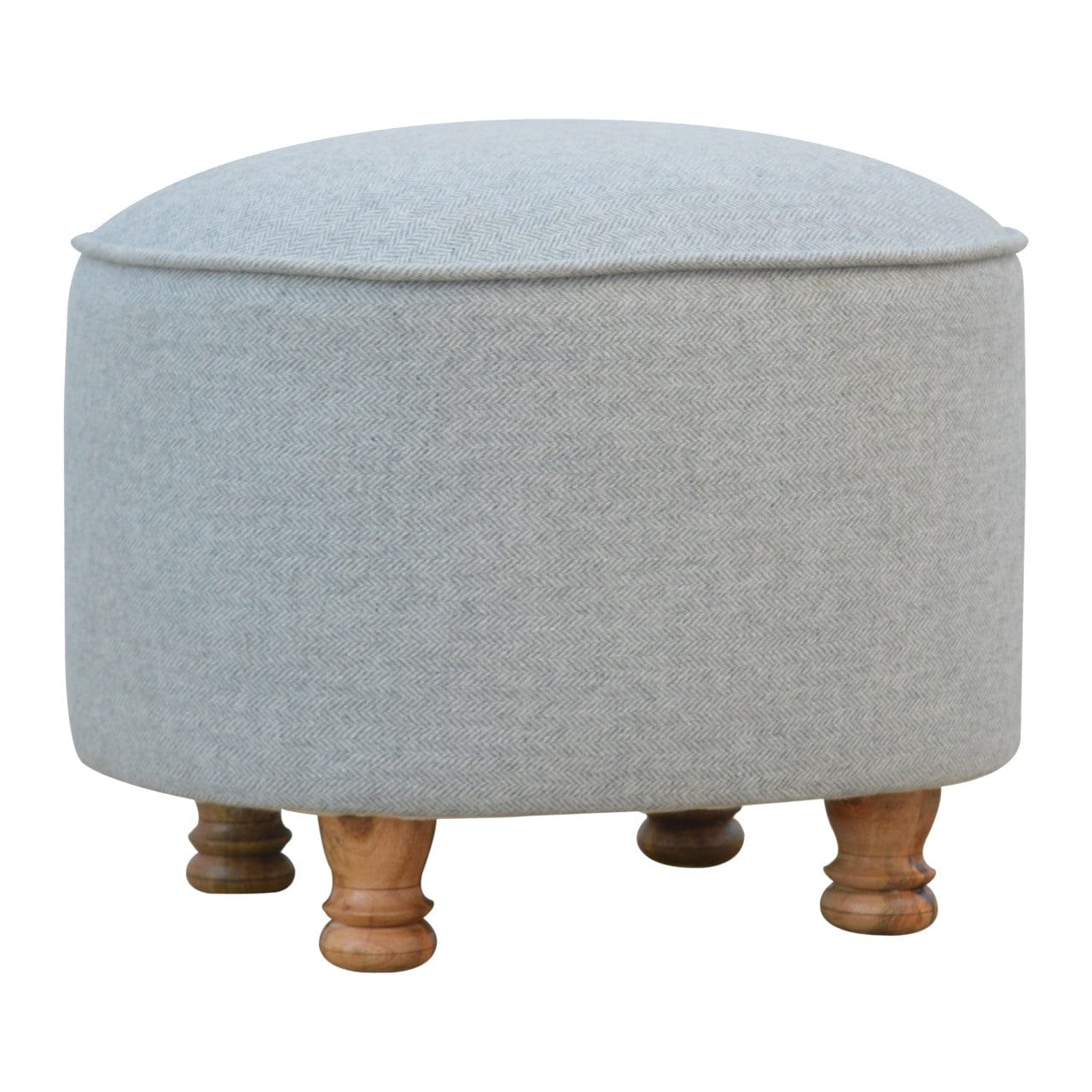 Mid-Century Modern Light Grey Tweed Oval Footstool - Solid Mango Wood Accent Stool for Living Room - product view 2...