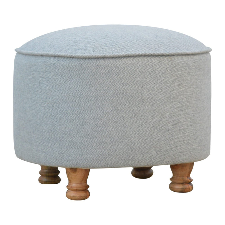 Mid-Century Modern Light Grey Tweed Oval Footstool - Solid Mango Wood Accent Stool for Living Room - product view 2...