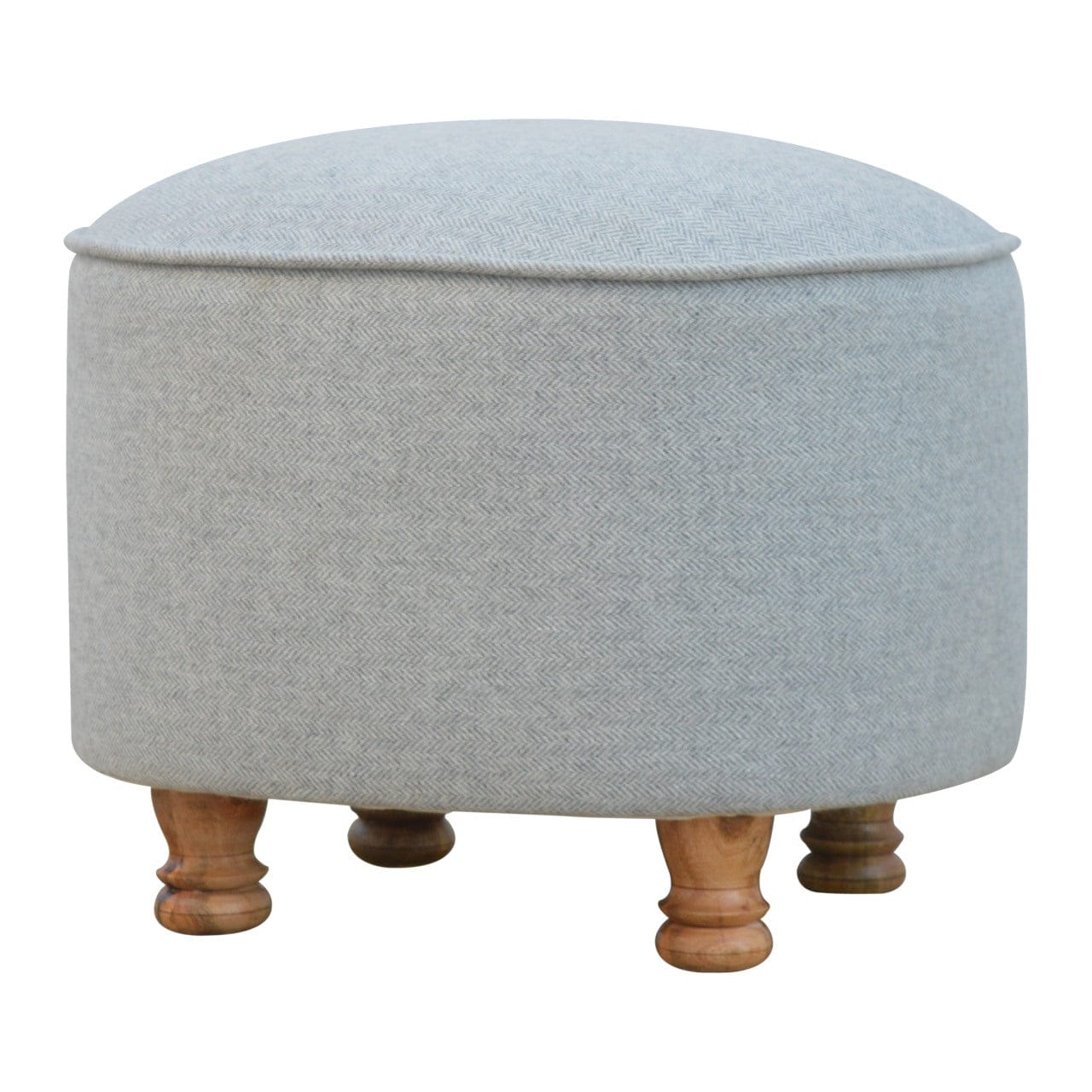 Mid-Century Modern Light Grey Tweed Oval Footstool - Solid Mango Wood Accent Stool for Living Room - main view showing...