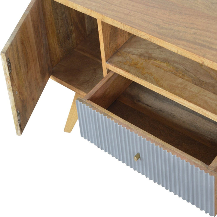 Mid-Century Modern Line Grey TV Stand - Solid Mango Wood Entertainment Center for Living Room - product view 4 showing...
