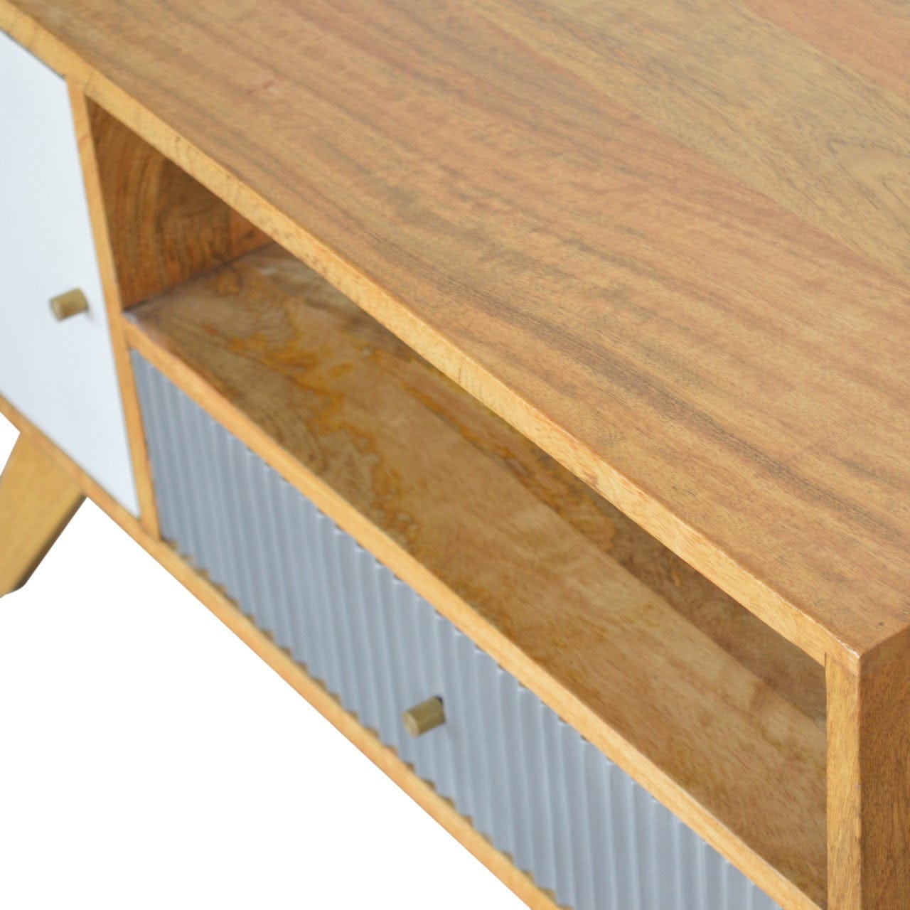 Mid-Century Modern Line Grey TV Stand - Solid Mango Wood Entertainment Center for Living Room - product view 3 showing...