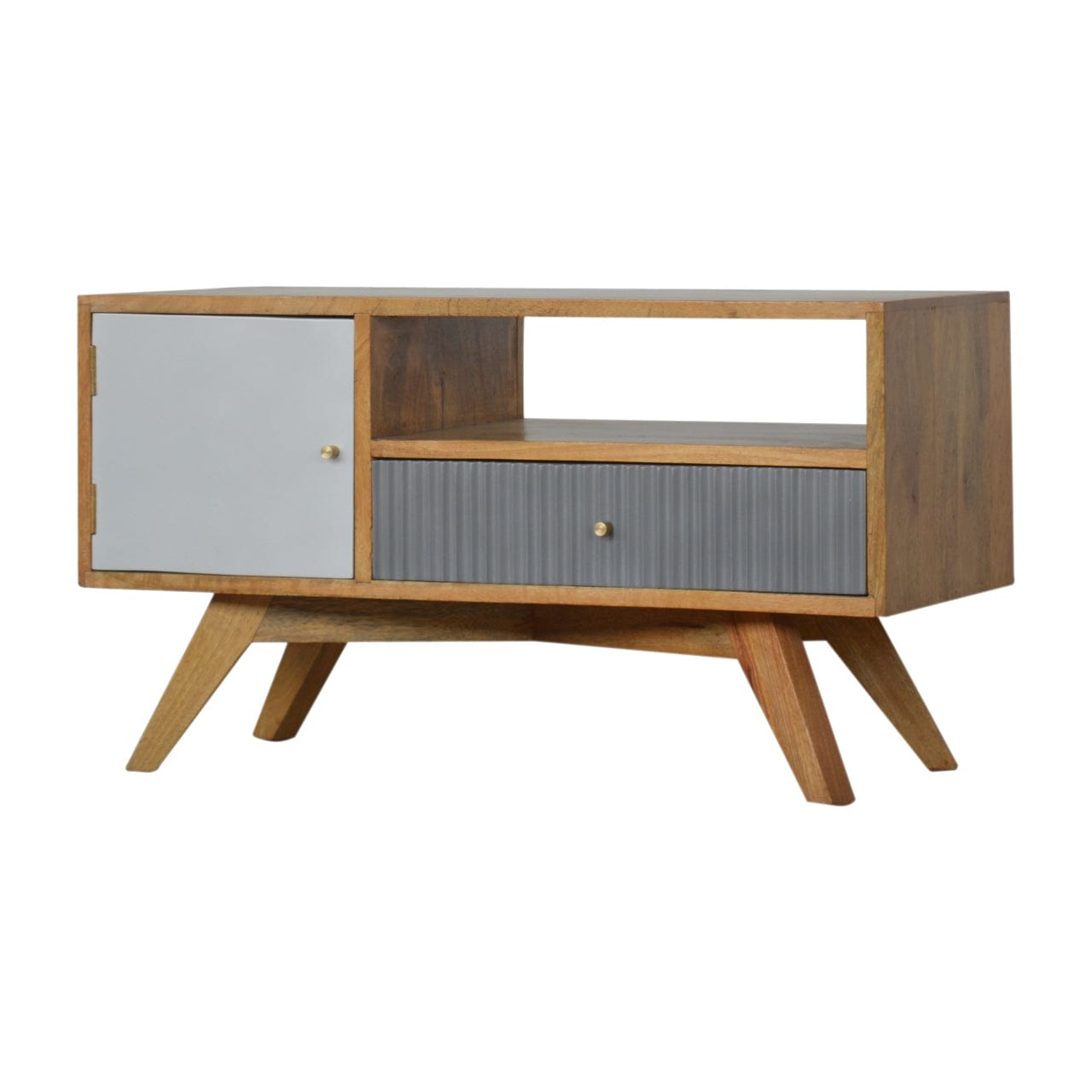 Mid-Century Modern Line Grey TV Stand - Solid Mango Wood Entertainment Center for Living Room - product view 2 showing...