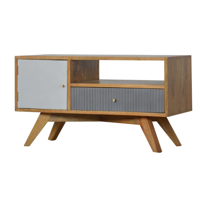 Mid-Century Modern Line Grey TV Stand - Solid Mango Wood Entertainment Center for Living Room - product view 2 showing...
